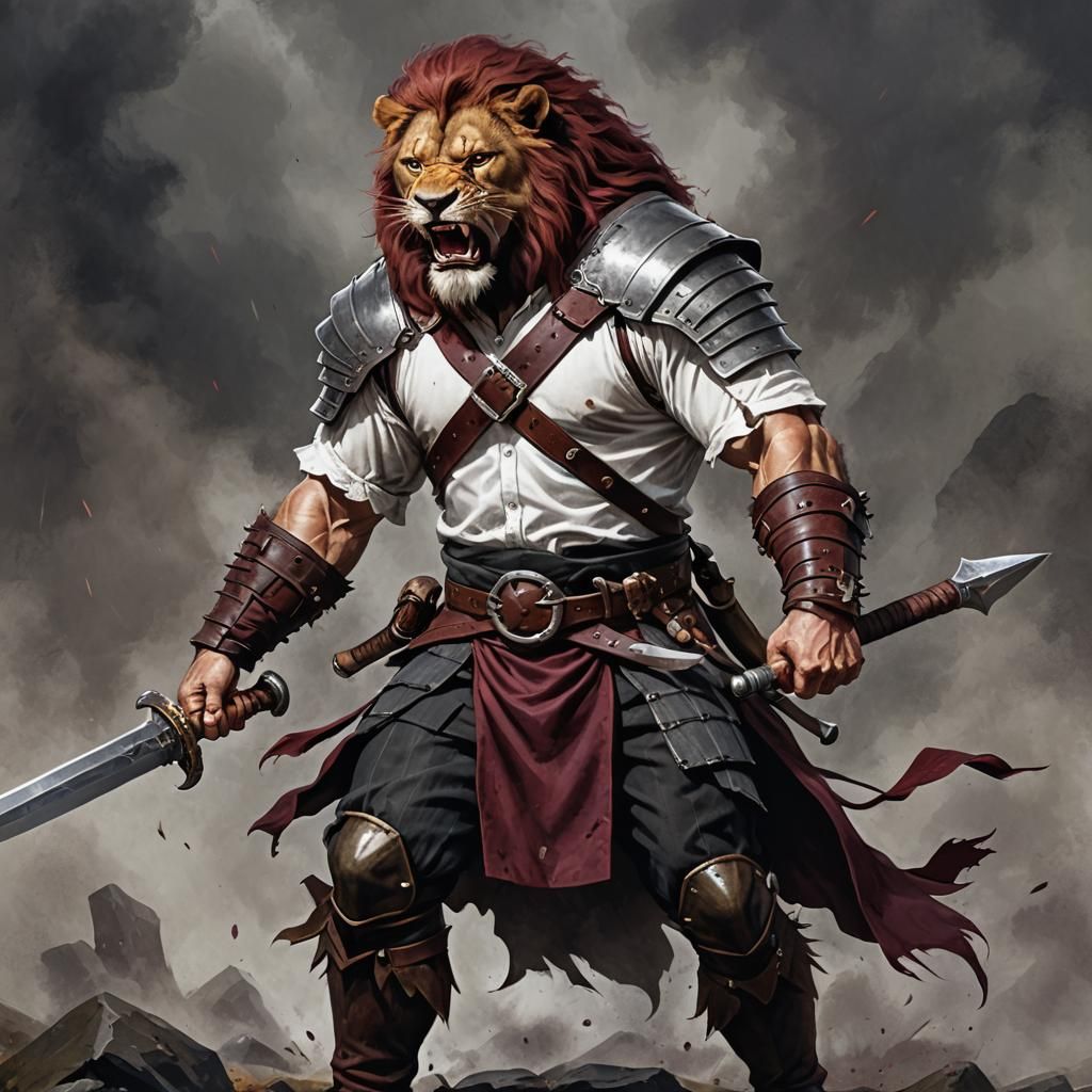 Lion-Man Barbarian Ready for Battle in Dark Fantasy Style