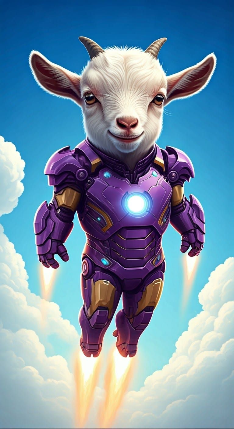 Marvelous Baby Goat Soars in a Vibrant Purple Iron Man Suit