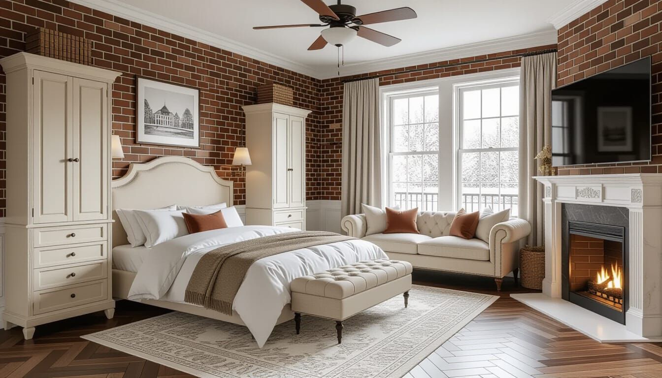 Victorian Bedroom Scene with Fireplace and Snowy View