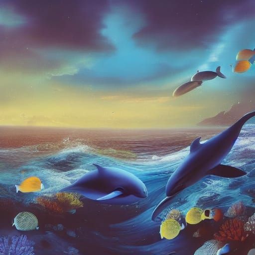 Whales and Dolphins Observe Diver in Oil Painting