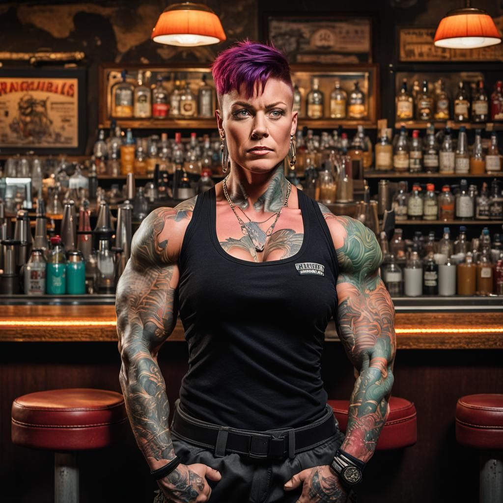 Butch Lesbian Flexing Biceps in Bar Portrait