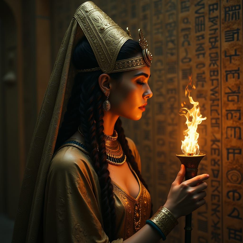 Egyptian Queen in Dark Temple with Torch