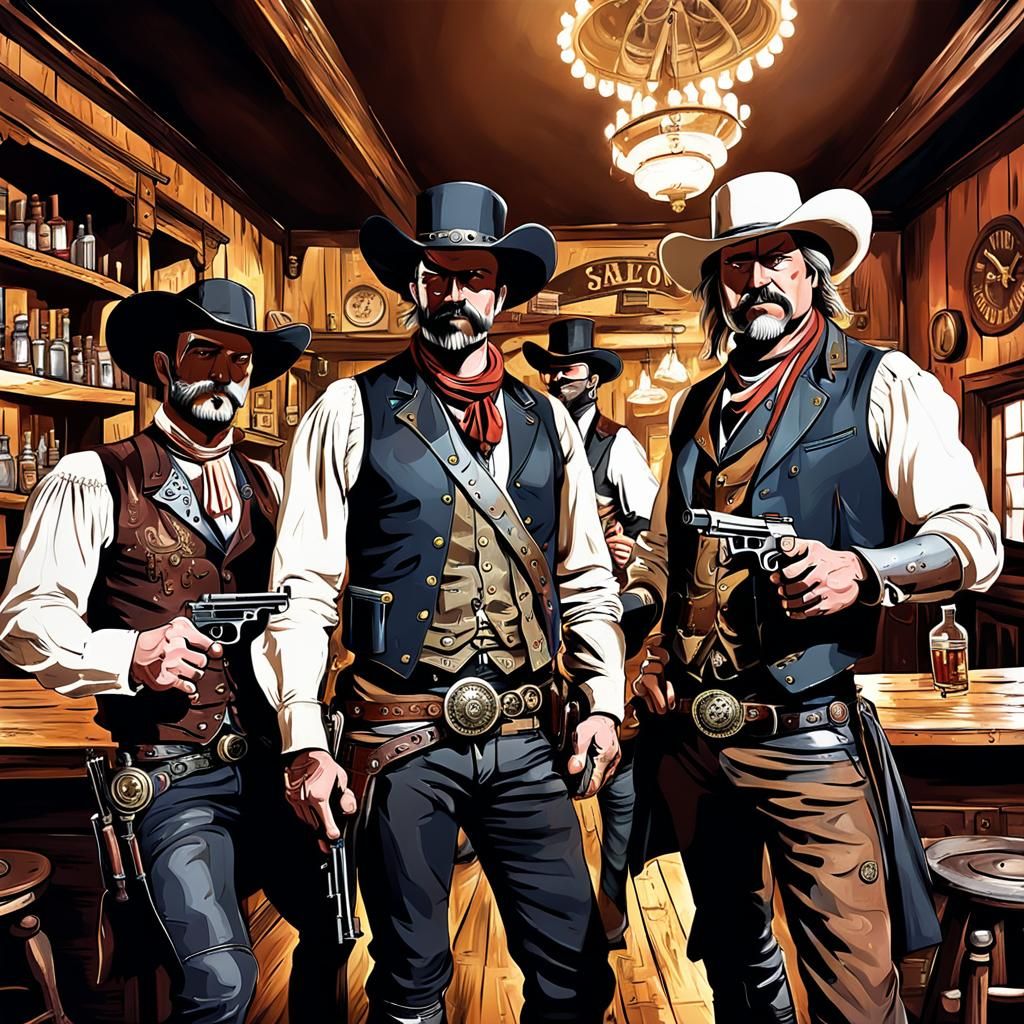 Steampunk Saloon Scene with Cowboys and Guns