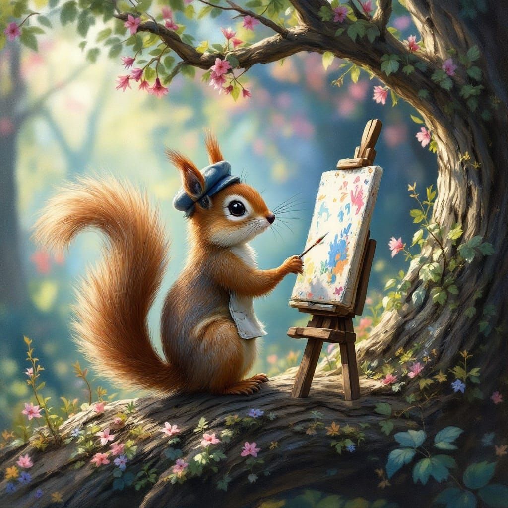 Squirrel Artist in Whimsical Forest Scene