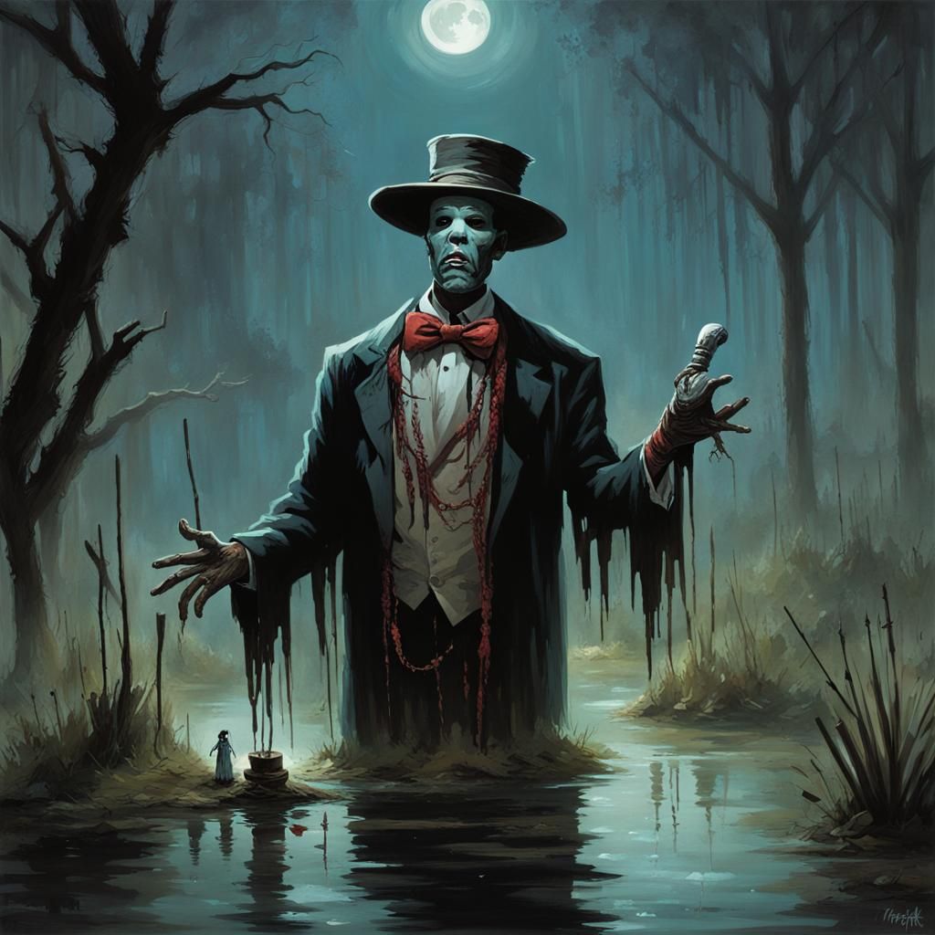 Sinister Voodoo Doctor in Ghostly Moonlight Swamp