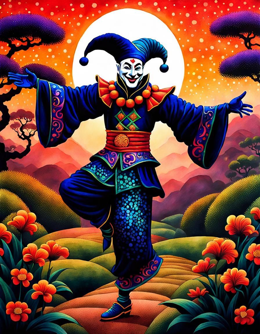 Dancing Jester in Garden Sunset, Chinese Ink Art