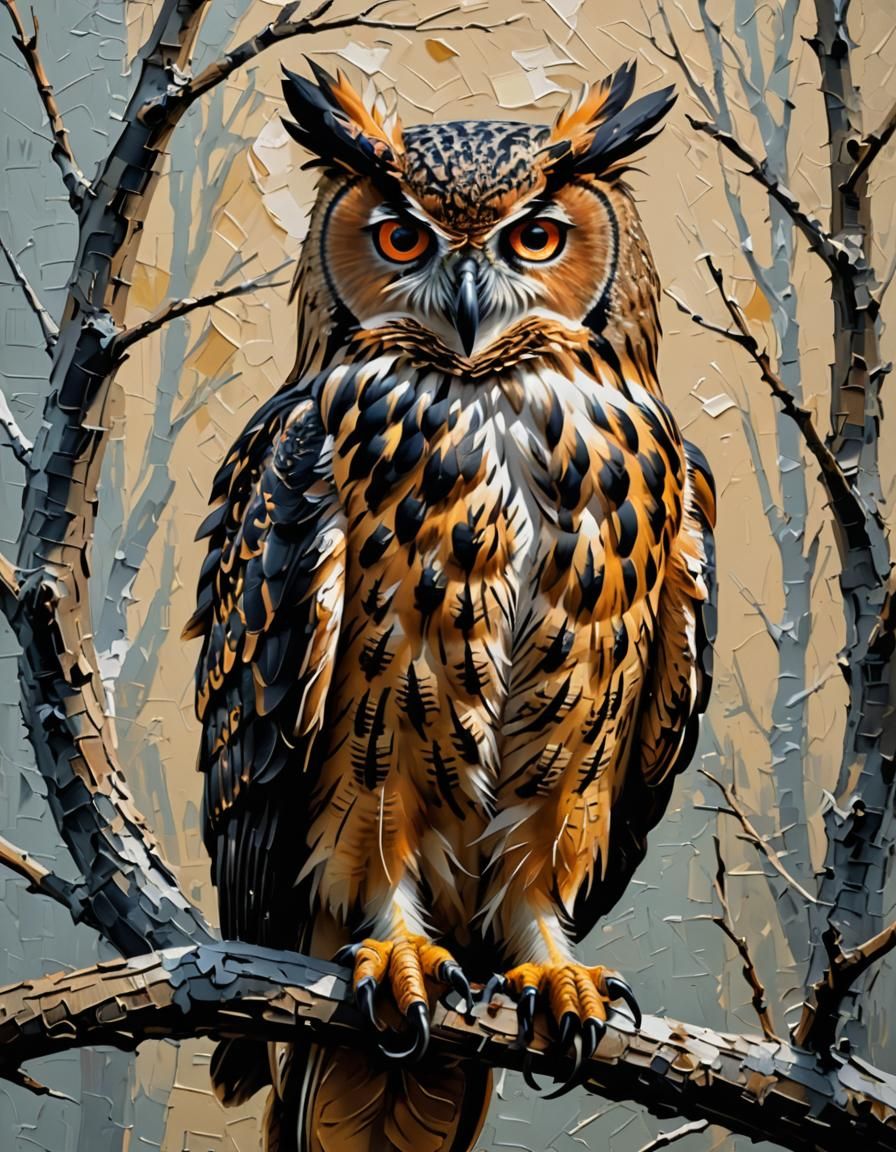 Eagle Owl on Branch as Impasto Painting