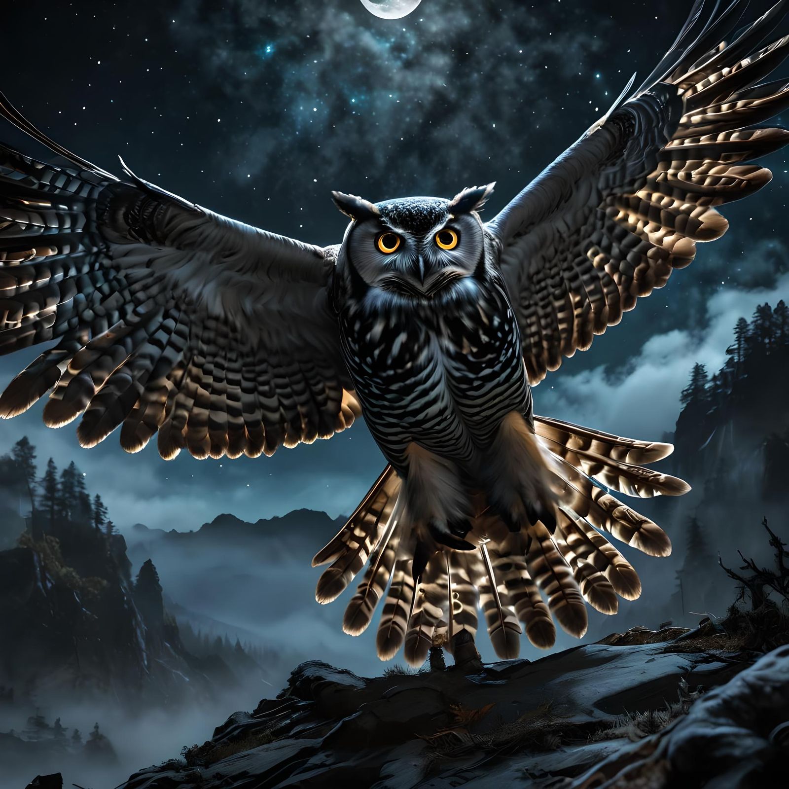 Bioluminescent Owl Hunting Under a Cosmic Moon