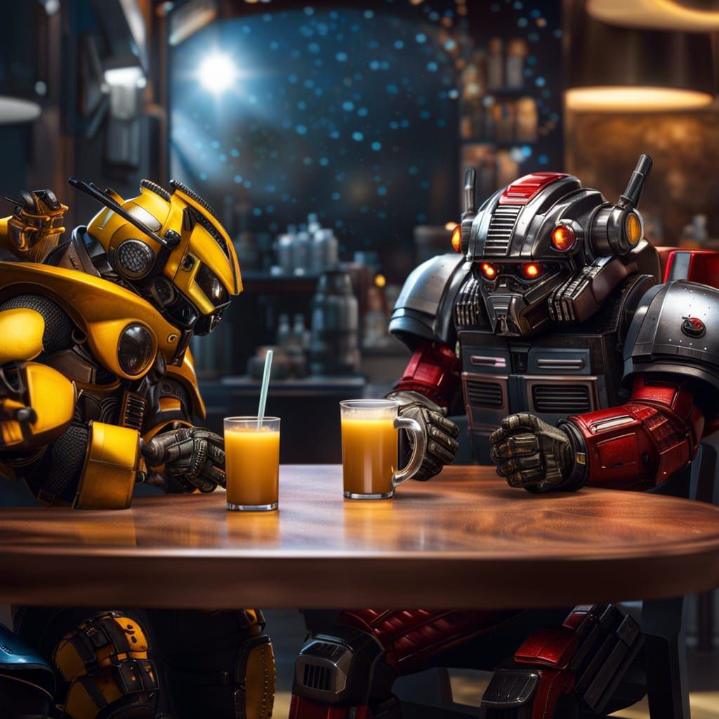 Bumblebee and Ironhide drinking coffee in space coffee shop