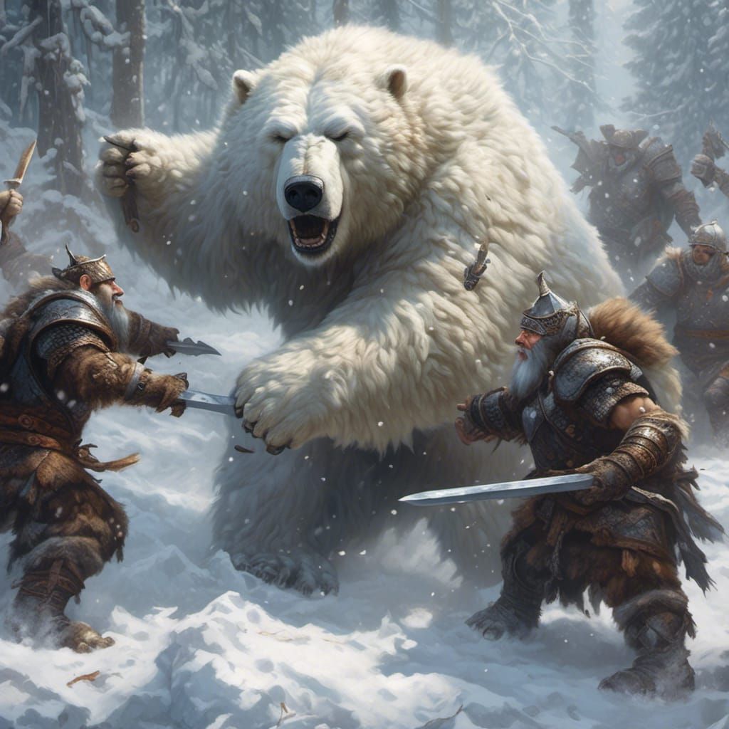 Giant Snow Bear Attacks Armored Dwarves: Hyperreal Photo