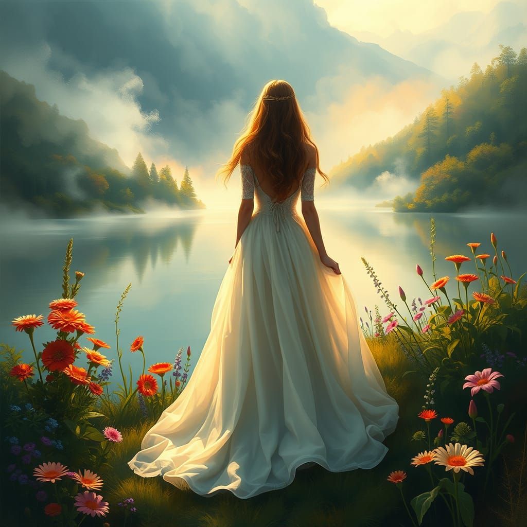 Princess Overlooking Lake in Luminist Style