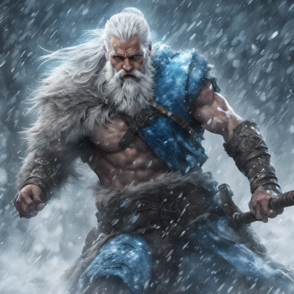 Runic Warrior Battles Wolves in Snowstorm