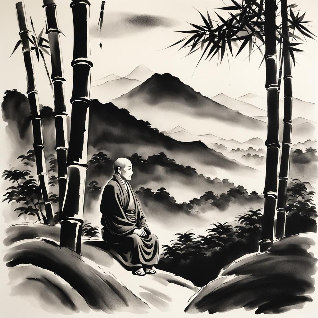 Zen Monk in Serene Japanese Landscape