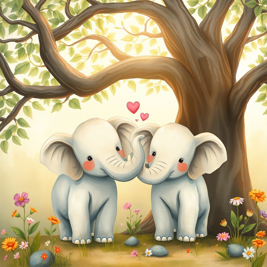 Elephants under a Tree, Whimsical Storybook Illustration