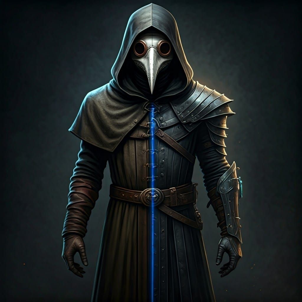 Full-bodied plague doctor split down the middle. The left si...