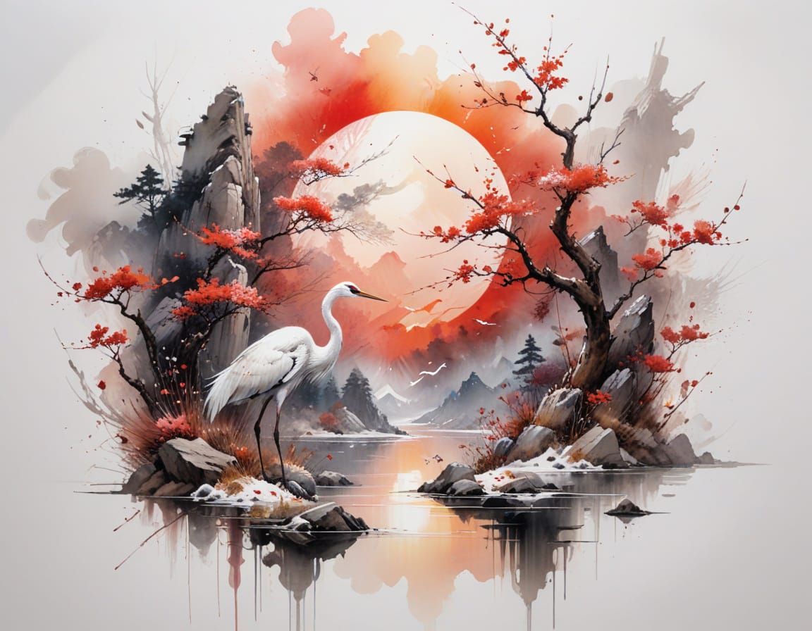 East Asian Landscape Painting with Crane and Pagoda