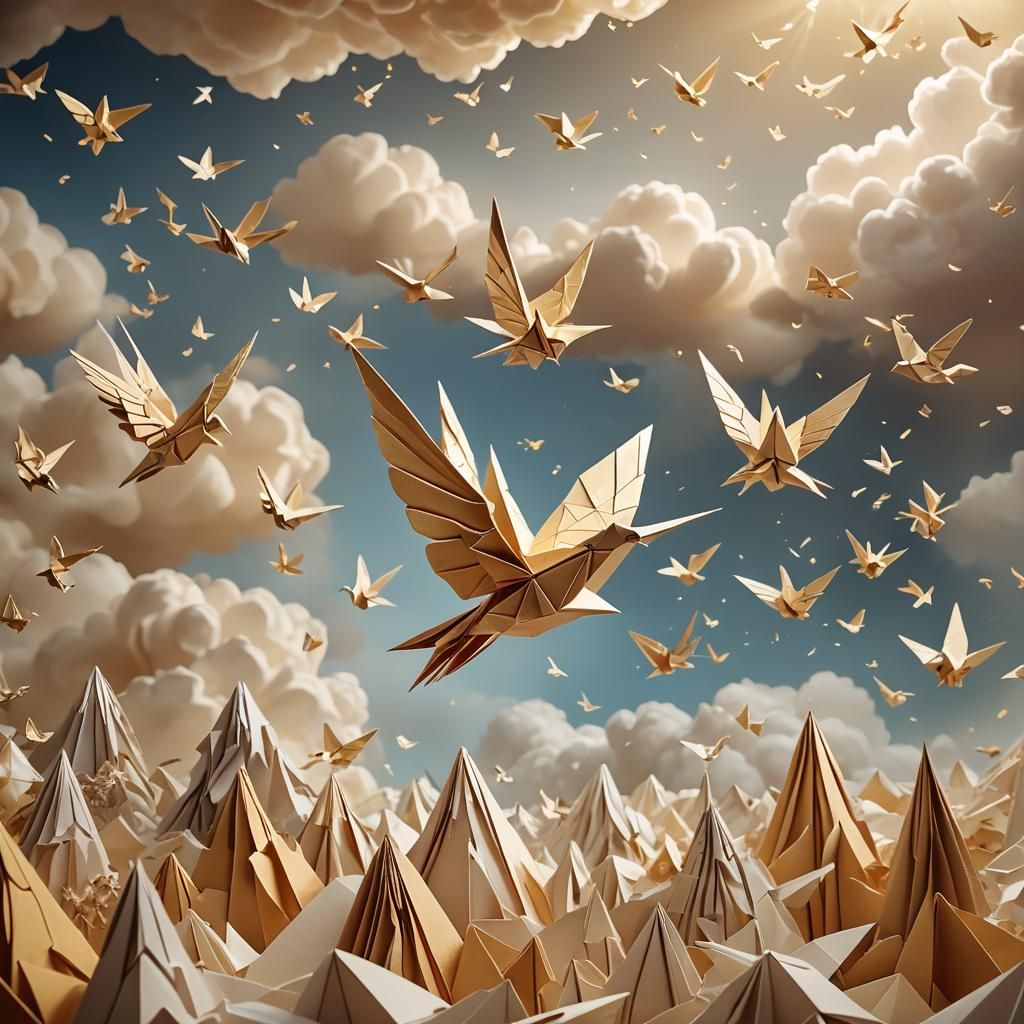 Heavenly Origami Papercraft in Surrealist Style