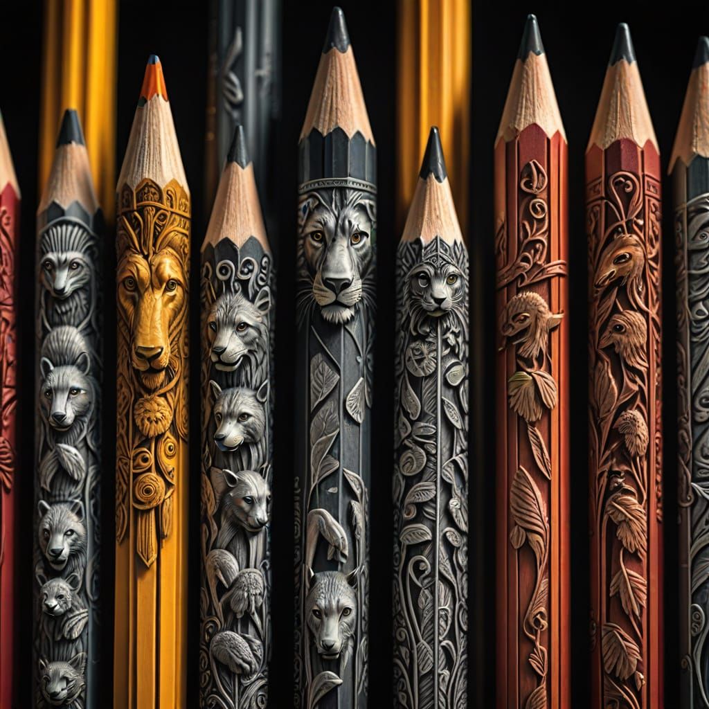 Pencil Lead Carved into Animals Hyperrealistic Shot