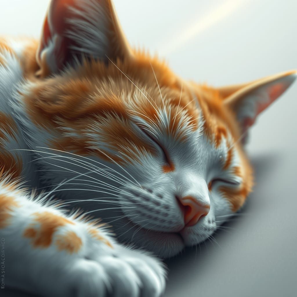 Close up, sleeping ginger and white cat
