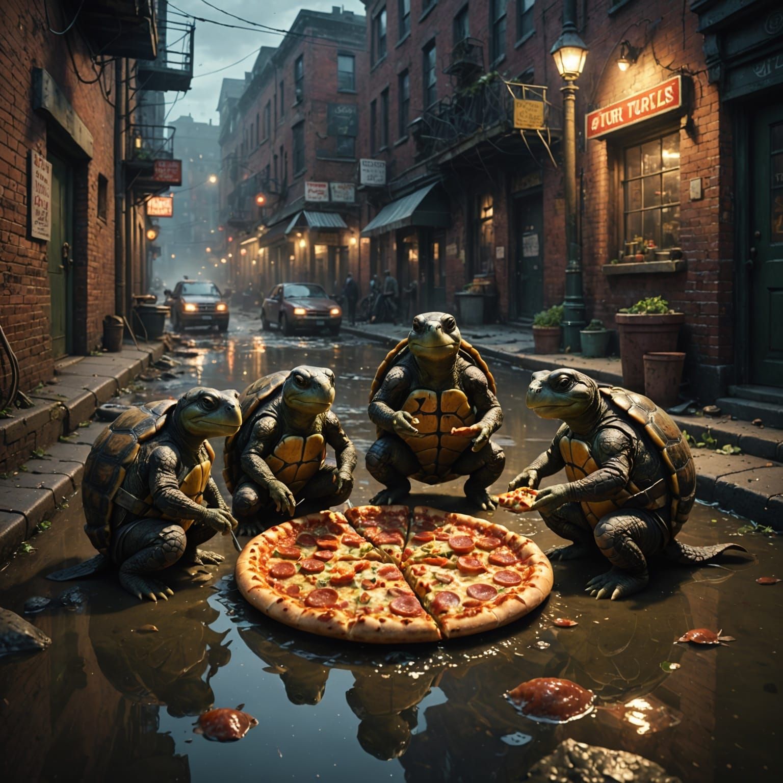 Turtles and Rat Feast on Pizza in Sewer