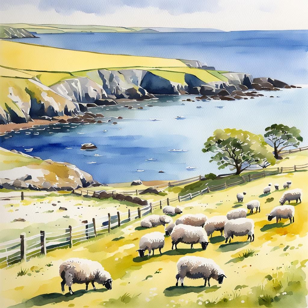 Welsh Coast Sheep Grazing in Gouache Style