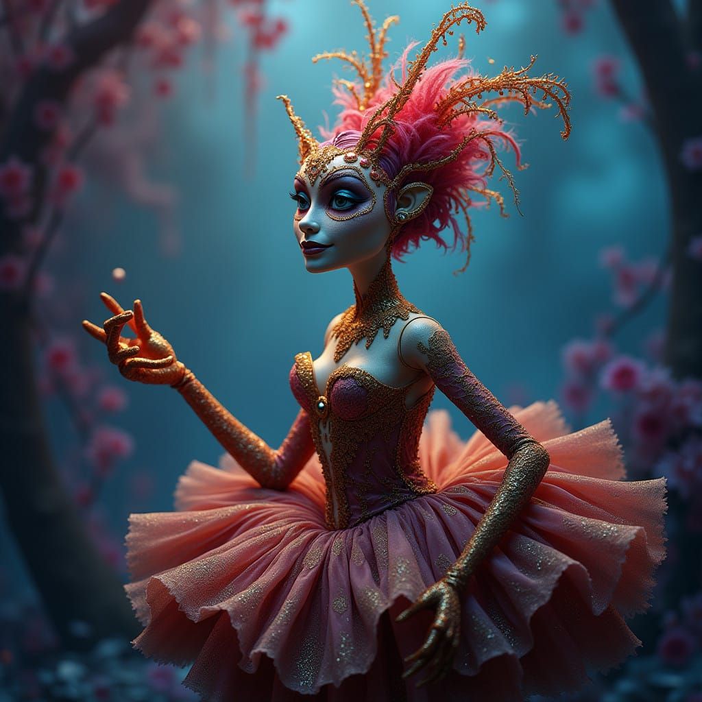 Lavishly Costumed Burlesque Ballerina Puppet in Dreamlike Ba...