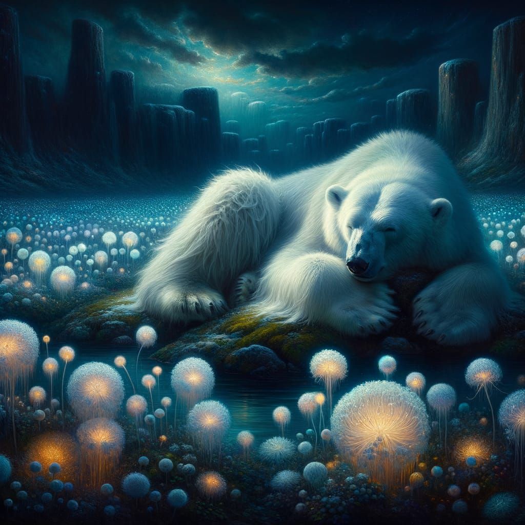 Polar Bear Naps in Bioluminescent Arctic Flowers