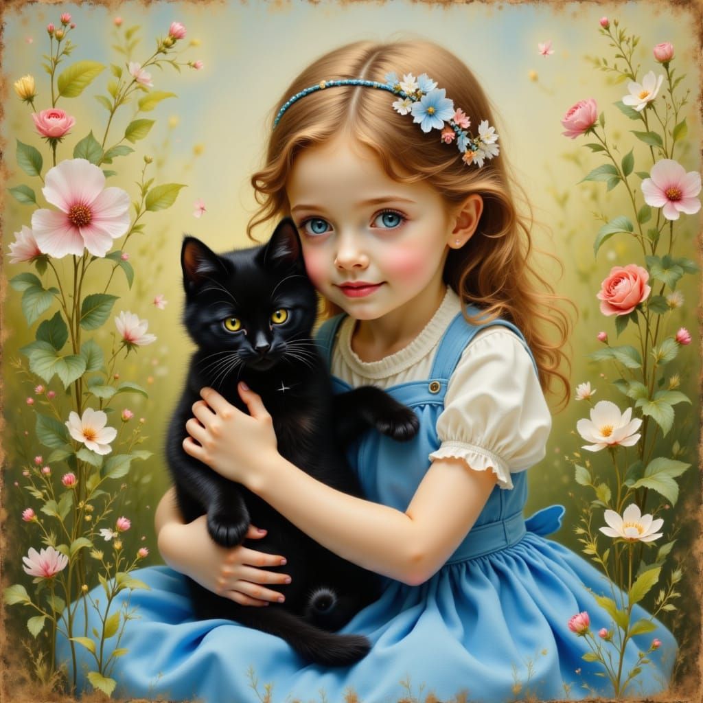 Girl in Blue Dress Holds Black Kitten in Garden