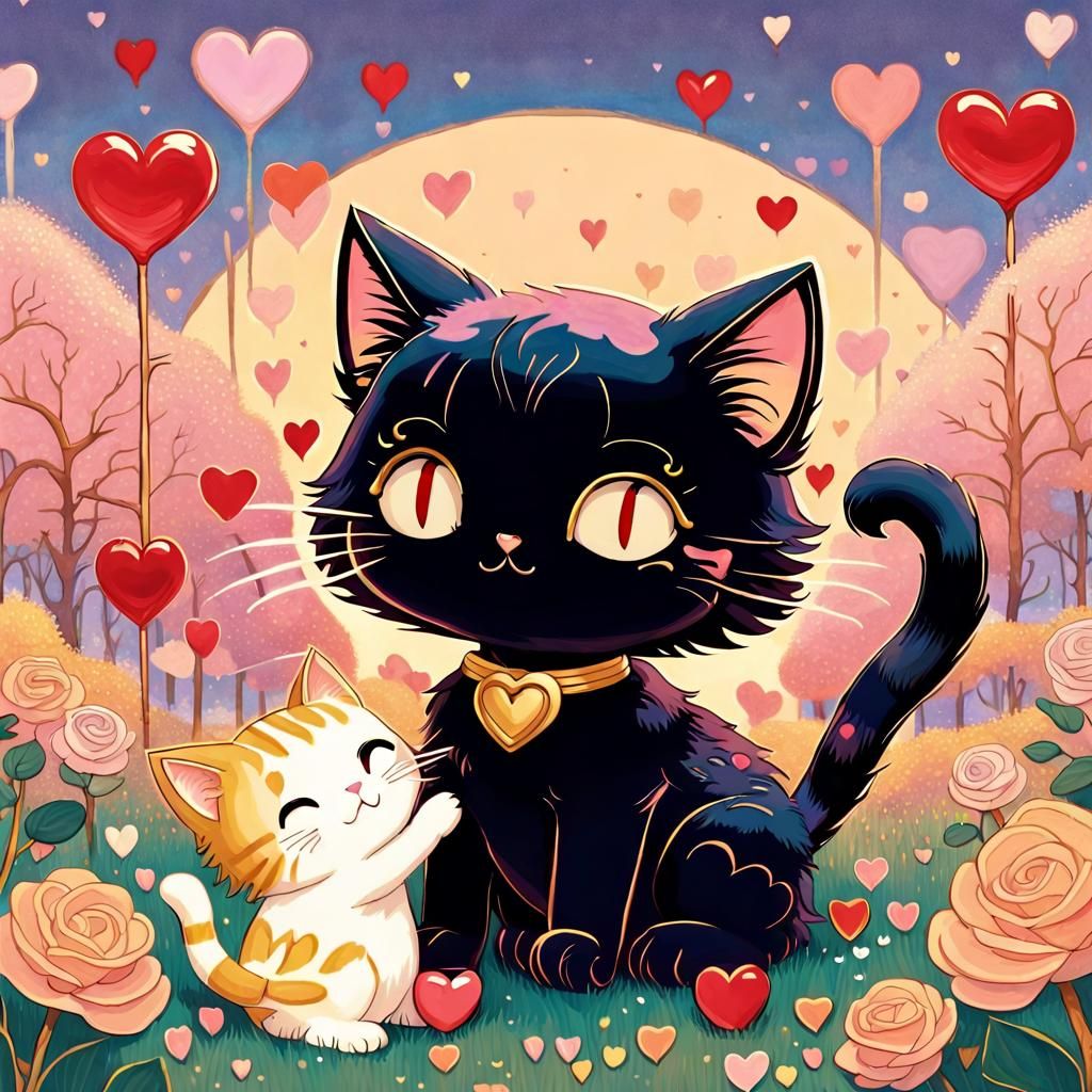 Chibi Cat Surrounded by Hearts in Ghibli Style