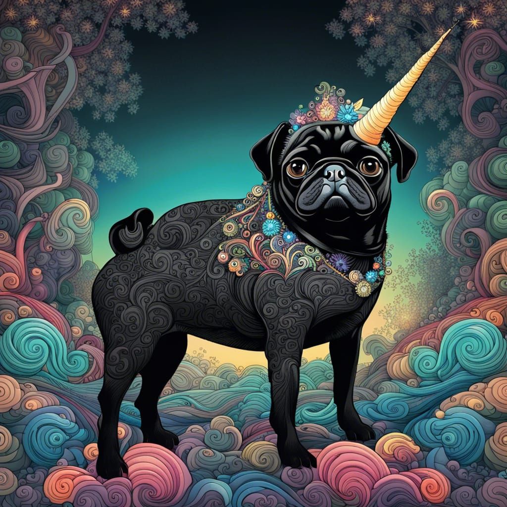 Black Pug on Unicorn in Enchanted Forest