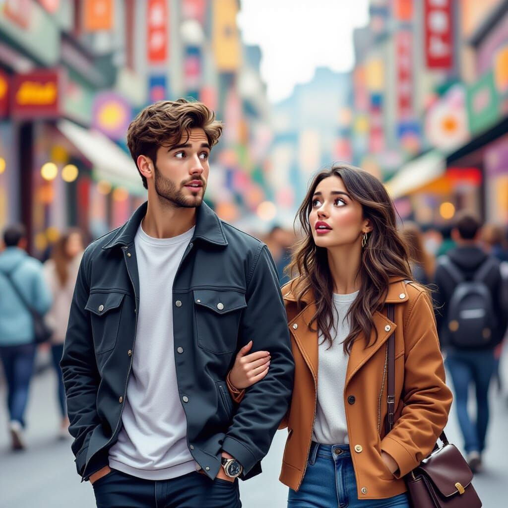Surprised Man and Girlfriend in Vibrant City Street