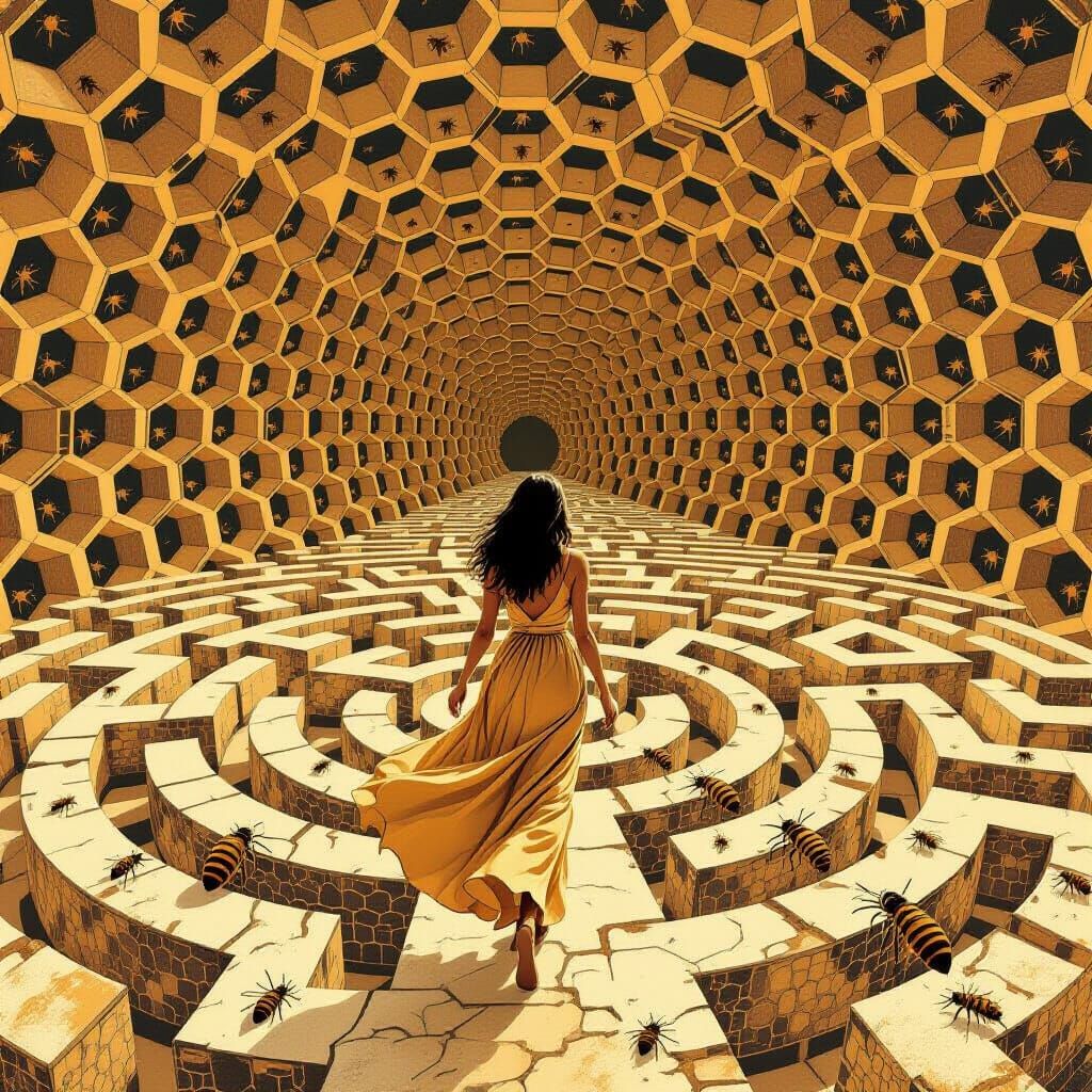 a woman in a flowing dress walking through a maze inside a giant beehive. The sepia-toned artwork features impossible ge...