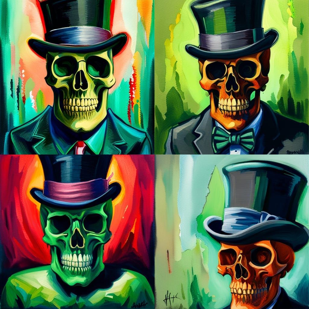 Emerald Skull with Top Hat in Gouache Watercolor