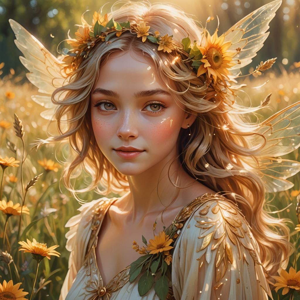 Sun Fairy Portrait in Sun-Drenched Meadow