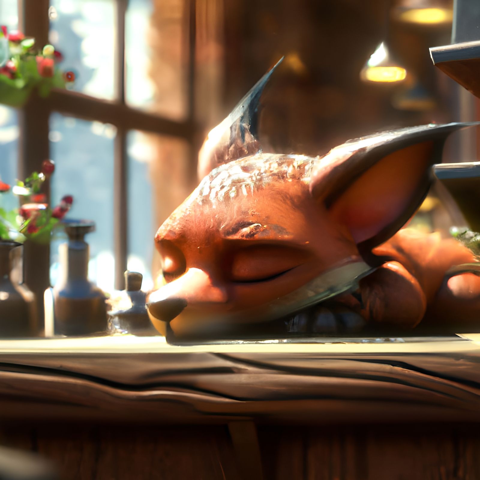 Animal Sleeps in Sunny Cafe: 3D Digital Art