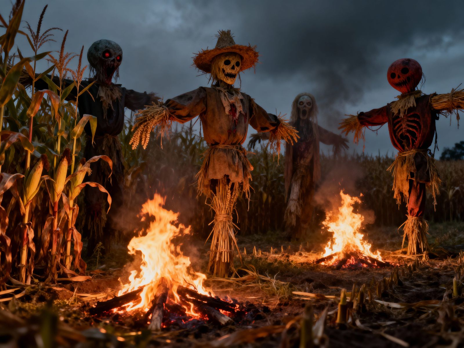 Horror Harvest Festival With Burning Crops and Ghoul Scarecr...