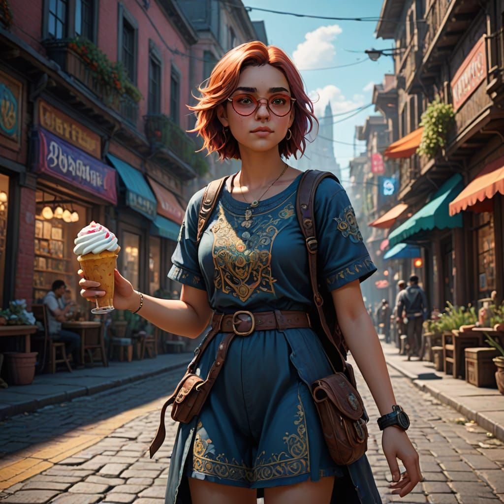Vibrant Redheaded Girl in Whimsical City Scene