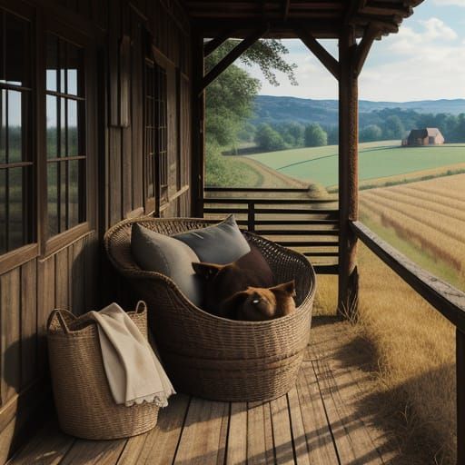 Siamese Cat Napping on Straw Bag at Farmhouse