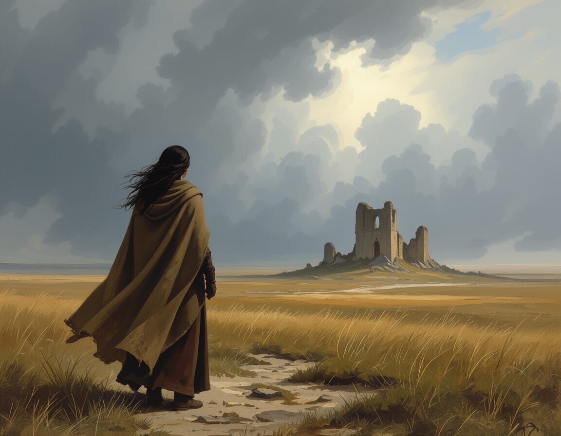 Woman Traveler Faces Ancient Ruins Under Stormy Sky