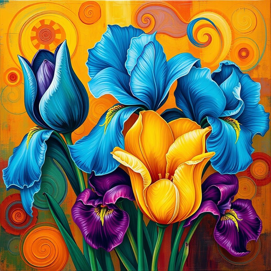 Tulips and Irises in Vibrant Abstract Art