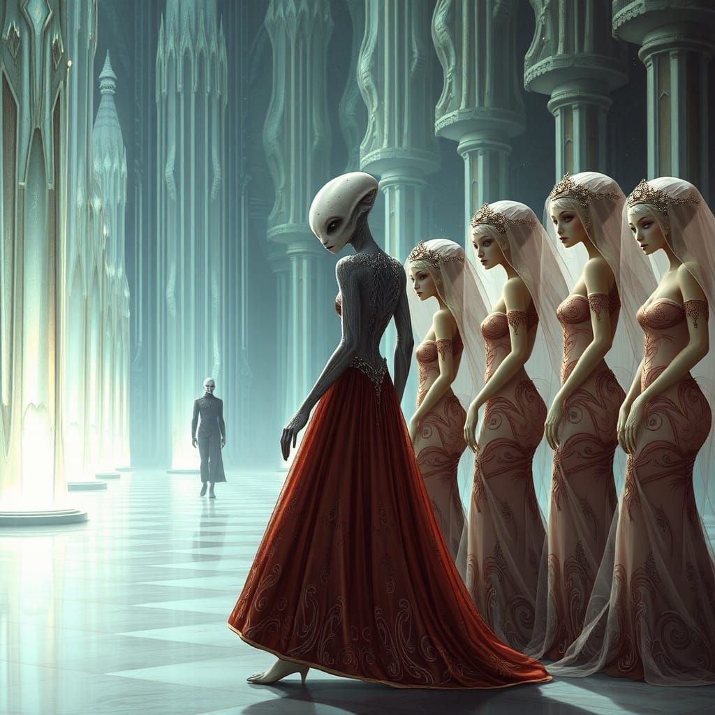 An alien throne room, the ruler walks towards the line of concubines to pick his next queen.