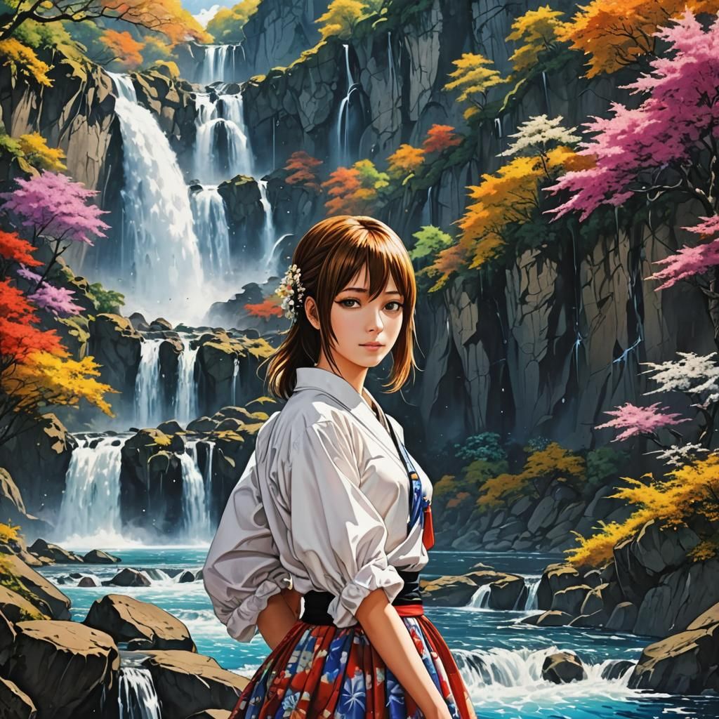 Colorful Woman by Waterfalls in Baroque Style