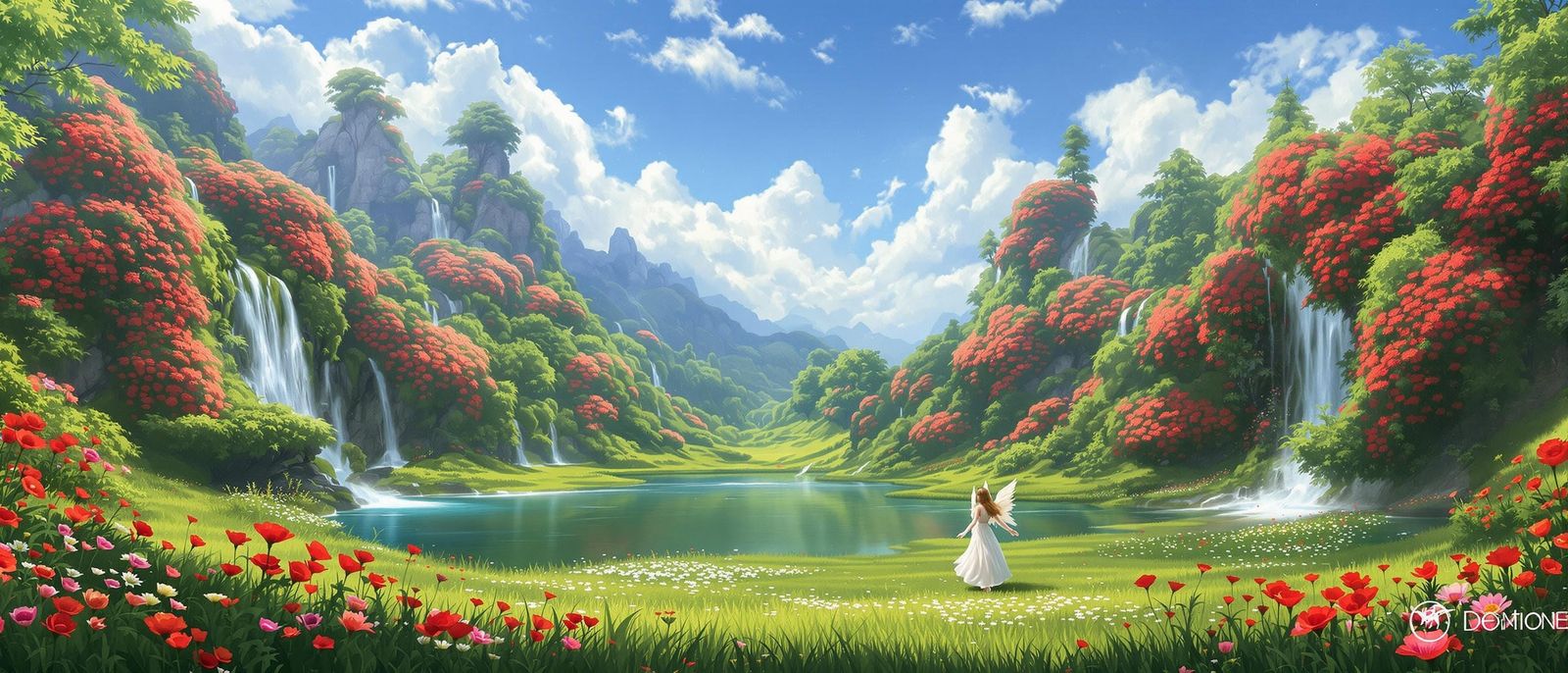 Angel in Paradise Meadow with Red Anemone Flowers