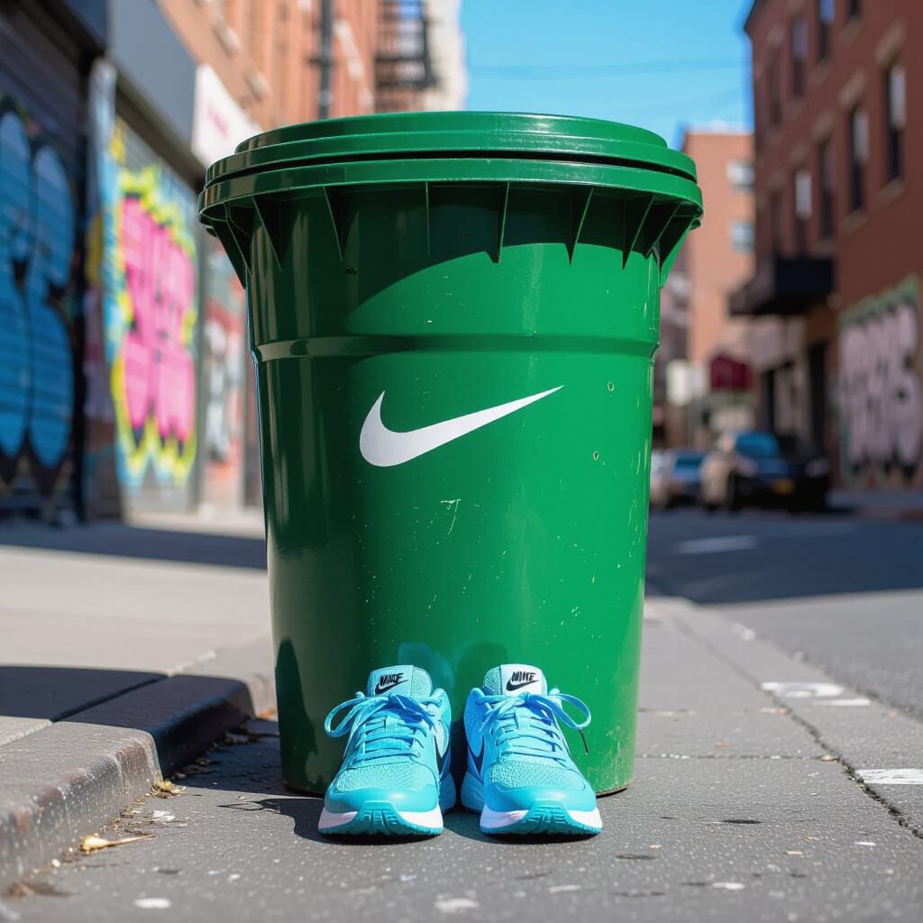 Green Trash Can and Blue Nike Shoes on City Street