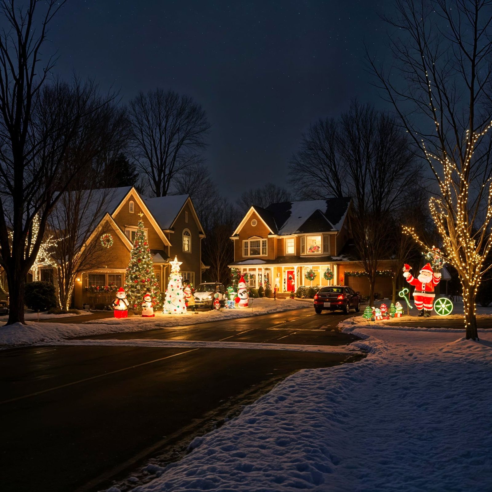 Christmas Suburbs Scene with Festive Decorations and Snow