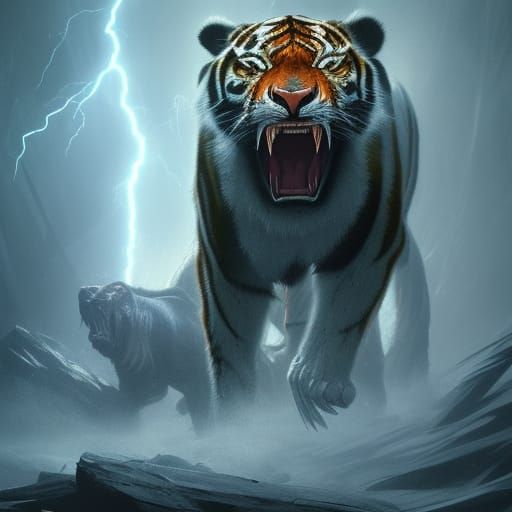 Saber-Toothed Tiger in Electric Dark Fantasy Style