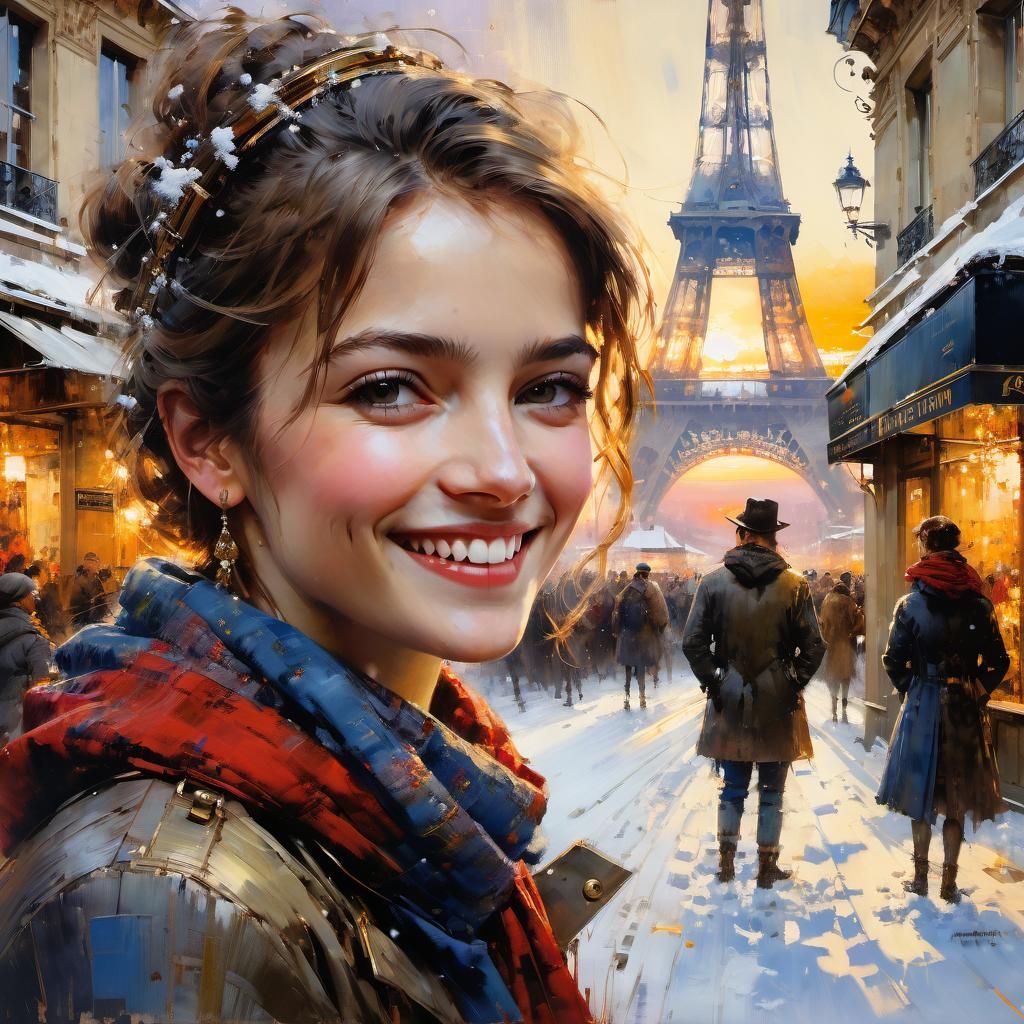 Happy French Woman in Snowy Paris Sunset