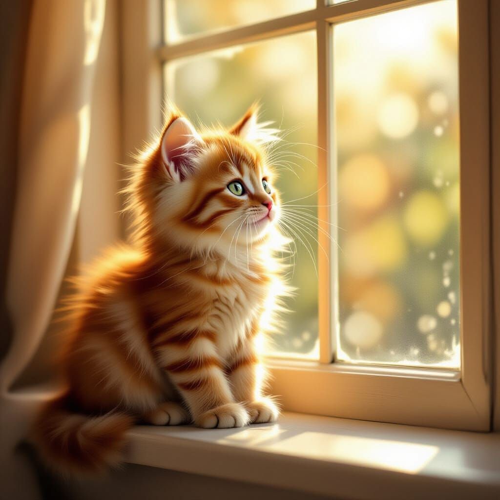 Fluffy Ginger Kitten on Sunlit Windowsill