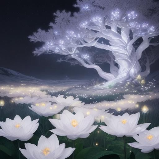 Glowing White Flowers in Astral Landscape