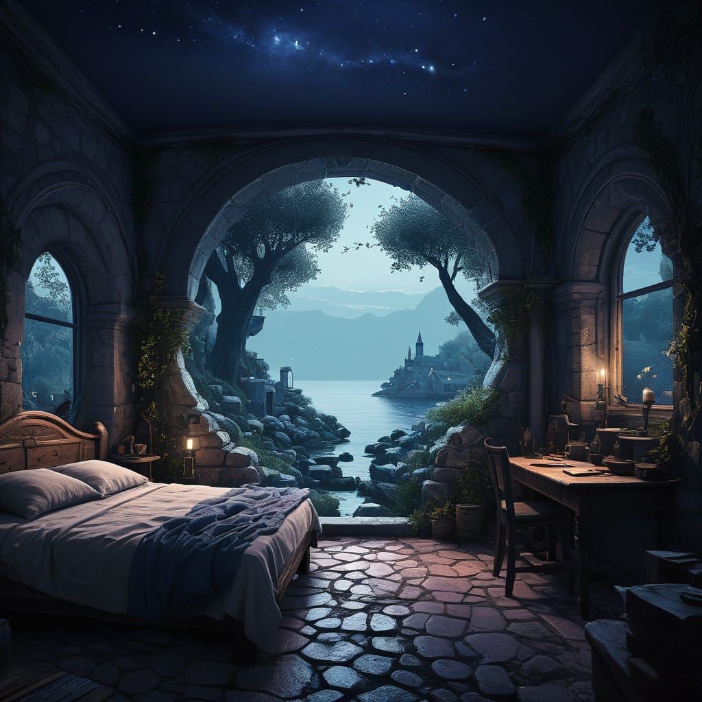 Charming Dalmatian Village at Night in Photorealistic Style